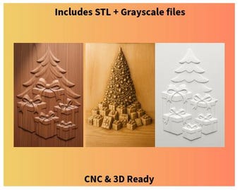 Puede incluir: Tres diseños tallados en madera de árboles de Navidad y cajas de regalo en tonos marrones y blancos. El texto "Includes STL + Grayscale files" y "CNC & 3D Ready" está incluido.