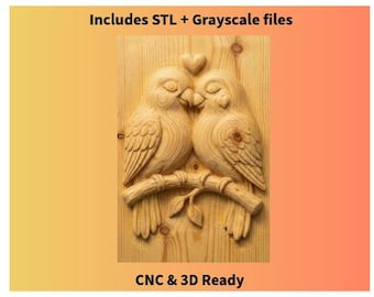 Love Birds CNC Relief on Branch | Valentine Bird Wood Carving | Romantic Bas-Relief STL & Grayscale | Wedding Anniversary Decor
