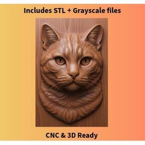 May include: A detailed, brown cat face sculpture with visible fur texture. The image includes the text "Includes STL + Grayscale files" and "CNC & 3D Ready". The cat's eyes are open, and the sculpture is set against a wooden background.