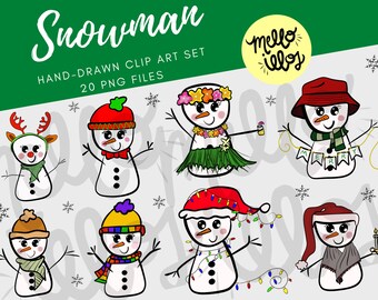 20 Snowman Clipart, Clip Art, PNG, Hand-drawn Illustrations, Christmas, Holiday, Graphics, Instant Digital Download, Scrapbook, Cute Snowmen