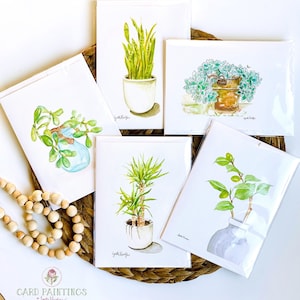 Cartões botânicos, conjunto de 5, vasos de plantas caseiras, cartão de inauguração, cartões de felicitações em aquarela Deckle Edge, cartões de notas em branco