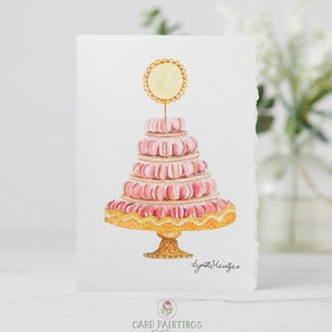 Macarons rosados, panadería francesa, cafetería, cumpleaños, tarjetas de felicitación de acuarela Deckle Edge, sentimentales, tarjetas de notas personalizadas, tarjeta en blanco
