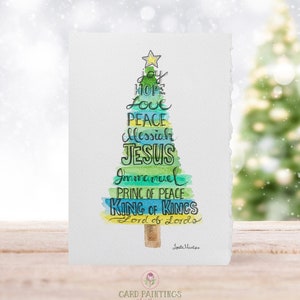 5x7 Namen von Jesus, Weihnachtsbaumkarten, Deckle Edge Aquarell Grußkarten, Wortkunst, stationär, Weihnachtsgrußkarten, leere Karten,