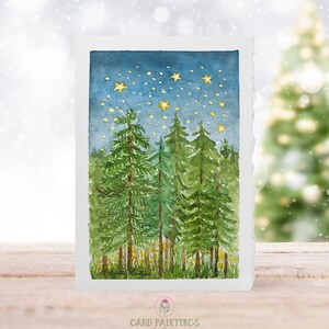 Arbres à feuilles persistantes 5 x 7 ans, Cartes de voeux aquarelles au bord taché, Extérieur, forêt de pins, Cartes aquarelles, Papeterie, Cartes de correspondance, Cartes vierges