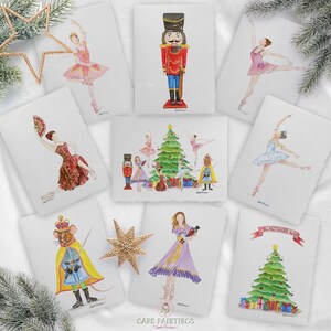 Pacote de cartas 5x7 O Quebra-Nozes, conjunto de 9, Clara, Rainha da Neve, Rei Rato, Sugarplum, Dewdrop, cartas de aquarela com borda irregular, cartão de nota em branco