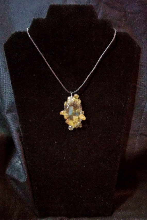 Sunshine Aura Quartz and Carnelian Crystal Clusters in Resin Pendant with 24 Sterling Silver Chain