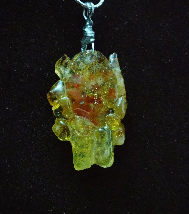 Sunshine Aura Quartz and Carnelian Crystal Clusters in Resin Pendant with 24 Sterling Silver Chain