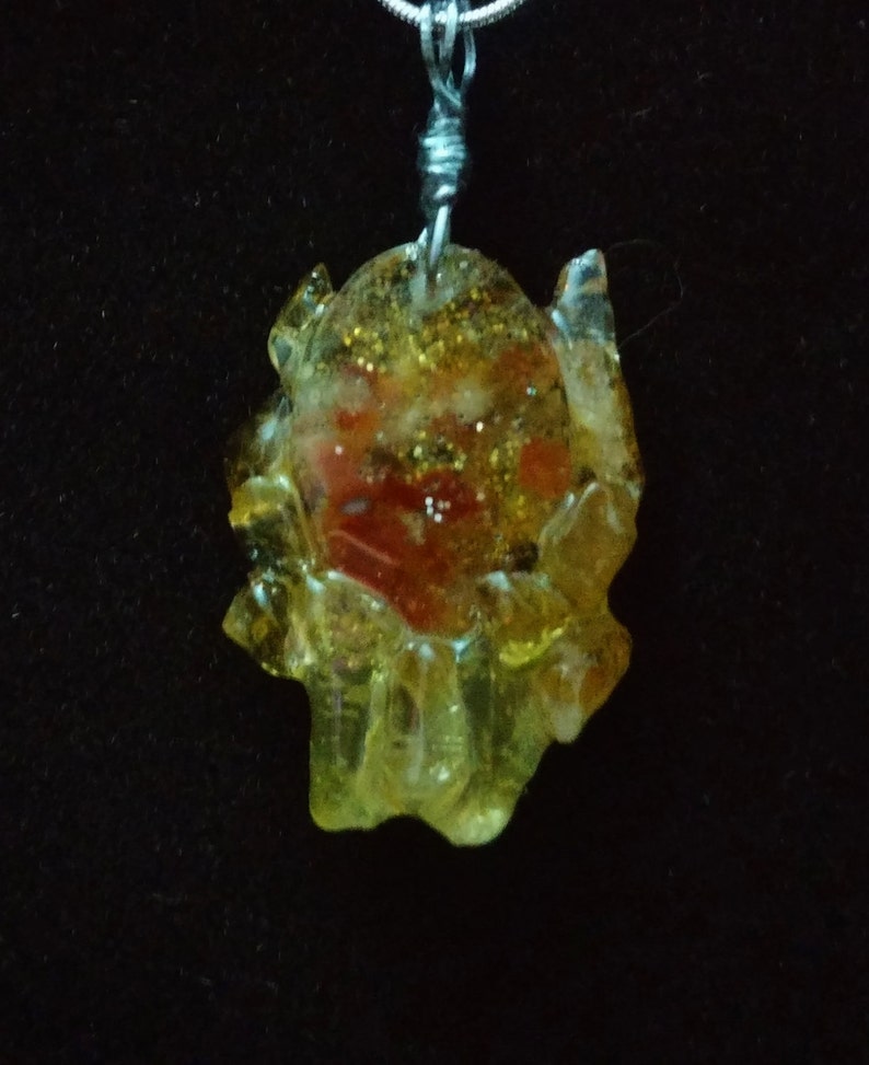 Sunshine Aura Quartz and Carnelian Crystal Clusters in Resin Pendant with 24 Sterling Silver Chain