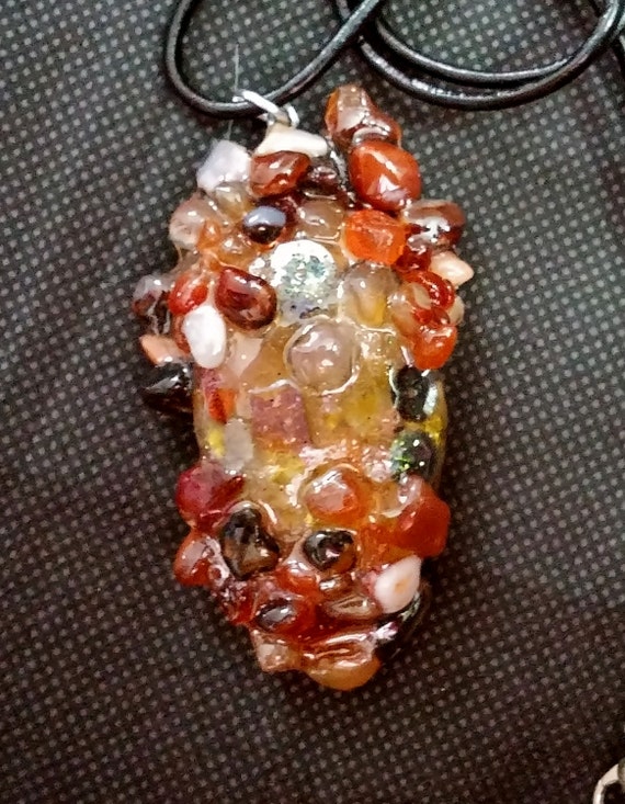 Sunshine Aura Quartz and Carnelian Crystal Clusters in Resin Pendant with 24 Sterling Silver Chain
