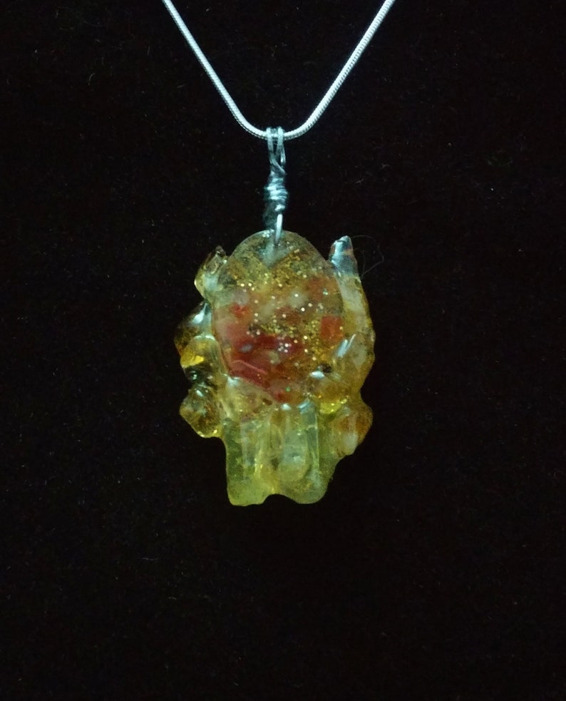 Sunshine Aura Quartz and Carnelian Crystal Clusters in Resin Pendant with 24 Sterling Silver Chain