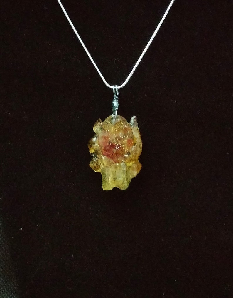 Sunshine Aura Quartz and Carnelian Crystal Clusters in Resin Pendant with 24 Sterling Silver Chain