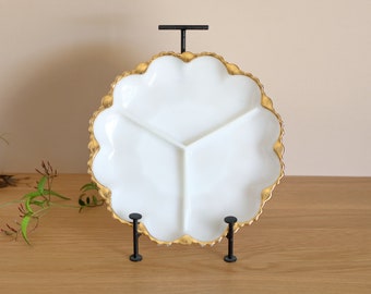 Milk Glass Plate with Gold Rim and Three Sections