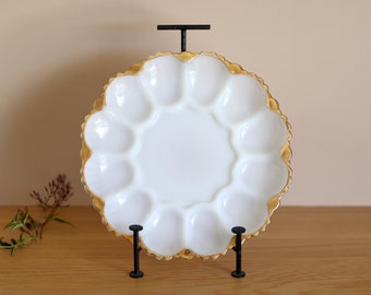 Vintage Milk Glass Deviled Egg Plate with Gold Rim