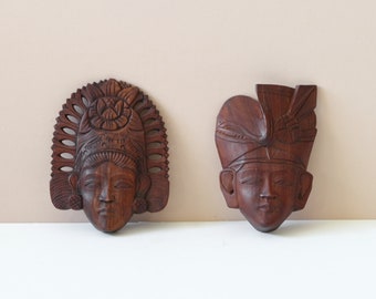 Pair Carved Teak Wood Masks from Bali