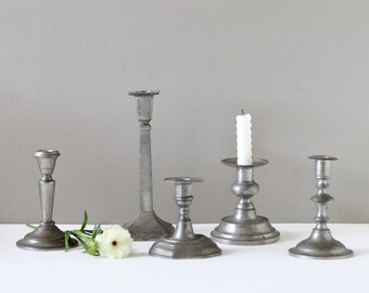 Set of 5 Mismatched Vintage Pewter Candleholders  (Set of 5)