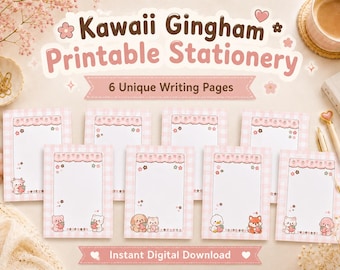 Kawaii Gingham briefpapier set, printbare schrijfbladen, penvriendenpapier (digitale download)