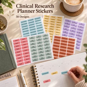 May include: A collection of rectangular clinical research planner stickers in various pastel colors, featuring text such as Visit Scheduled, Follow up, Visit Rescheduled, Cancel, Early Termination, and Screening Visit, arranged on multiple sheets.