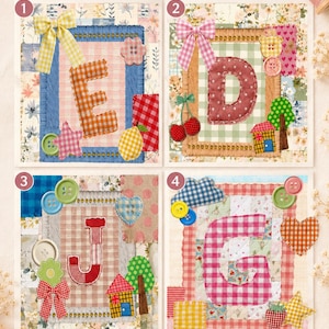 May include: Four fabric art pieces, each personalised with a different letter: E, D, J, and G. The letters are appliquéd onto patchwork backgrounds with decorative elements like bows, buttons, and hearts. The text "PERSONALIZED with any letter!" is at the top.