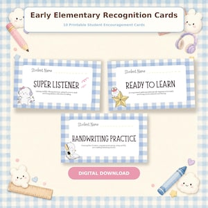 May include: Three rectangular recognition cards with a blue and white gingham border. The cards feature the text "SUPER LISTENER," "READY TO LEARN," and "HANDWRITING PRACTICE" alongside small cartoon illustrations of characters, stars, and books.