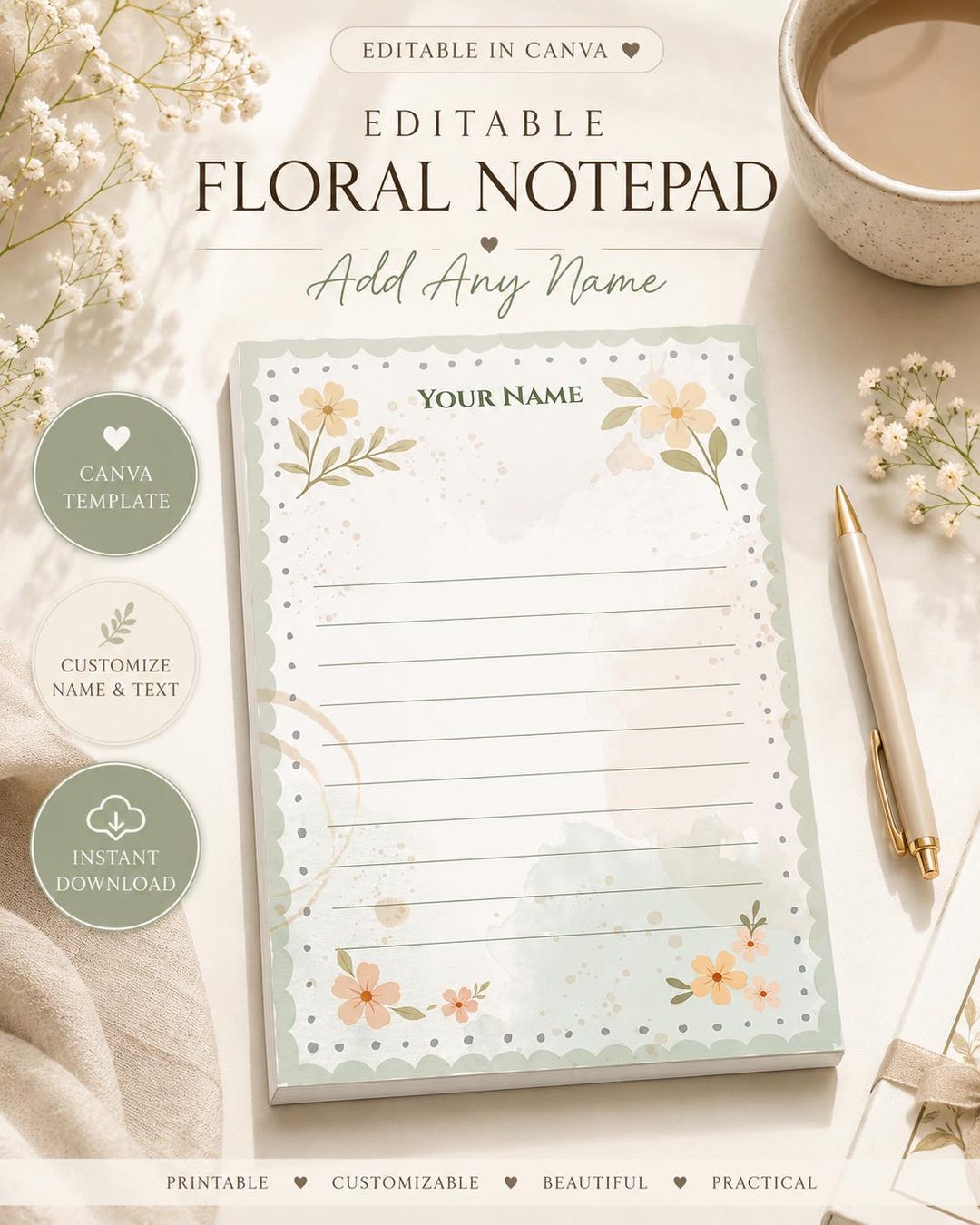 Editable Floral Notepad Template, Customizable Stationery (instant ...