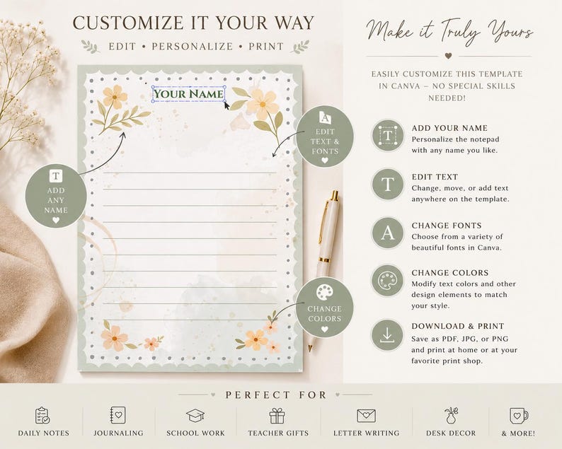 Editable Floral Notepad Template, Customizable Stationery (instant ...