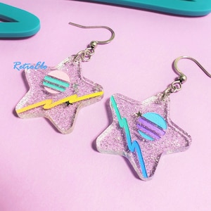 Dreamwave Star Earrings, 80s earrings, 90s earrings, vaporwave earrings, moon earrings, pastel earrings