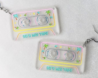 Mini 90s Mix Cassette Tape Frosted Clear Acrylic Earrings, 1990s, 90s, aesthetic, vaporwave, synthwave, retro, cute, rainbow
