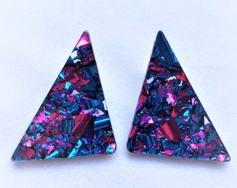 80s Inspired Chunky Glitter Triangle Studs | Geometric Earrings | Retro | 90s | Vaporwave Aesthetic | Rainbow