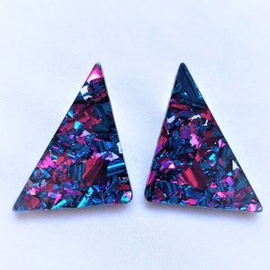 80s Inspired Chunky Glitter Triangle Studs | Geometric Earrings | Retro | 90s | Vaporwave Aesthetic | Rainbow