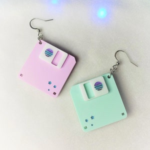 Pastel Mini Diskette Earrings, Floppy Disk, 1990s, Dangle Earrings, Retro, Computer, Vaporwave