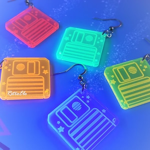Mini Neon Retro Diskette Inspired Earrings | More Colors | Mix and Match | Nostalgic | Blacklight | Tech Jewelry | 80s | 90s | Vaporwave