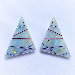 80s Stud Blue Violet Marble with Stars and Glitter Triangle Geometric Earrings, retro, 1980s, 1990s, 80s, 90s, sparkle, vaporwave