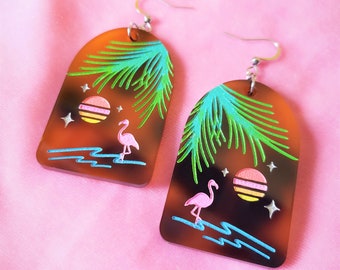 Retro Paradise in Tortoise Shell-Pastel Flamingo Tropical Earrings, vaporwave, synthwave, blacklight, new retro, glitter