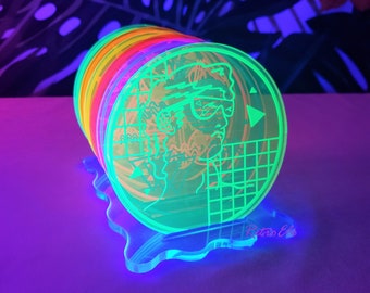 Fluorescent UV Acrylic Coaster Set-Vaporwave City | Retro Decor | 80s | 90s | Synthwave | Arcade Room | Beach