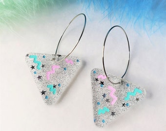 Glitter Triangle 80s Party Hoop Earrings | Holiday Earrings | 80s Inspired | Hand Painted