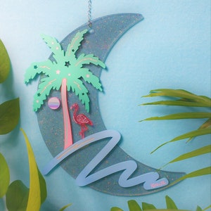 Flamingo MoonWave-Made To Order-Crescent Moon Acrylic Art Wall Hanging Beach Art Pastel Wall Art Tropical image 1