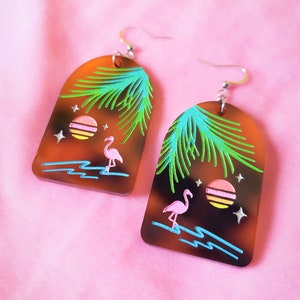 Retro Paradise in Tortoise Shell-Pastel Flamingo Tropical Earrings, vaporwave, synthwave, blacklight, new retro, glitter