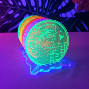 Fluorescent UV Acrylic Coaster Set-Vaporwave City | Retro Decor | 80s | 90s | Synthwave | Arcade Room | Beach