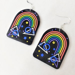 80s Geometric Rainbow Earrings, vaporwave, synthwave, new retro, new wave, pastel Black with sparkle
