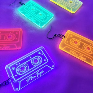 Neon Retro Mix Tape Earrings, 1980s, 80s, 1990s, 90s, Blacklight Earrings, Music Earrings, Fluorescent Earrings