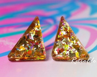Mini 80s Inspired Chunky Glitter Triangle Studs | Geometric Earrings | Retro | 90s | Vaporwave Aesthetic | Rainbow