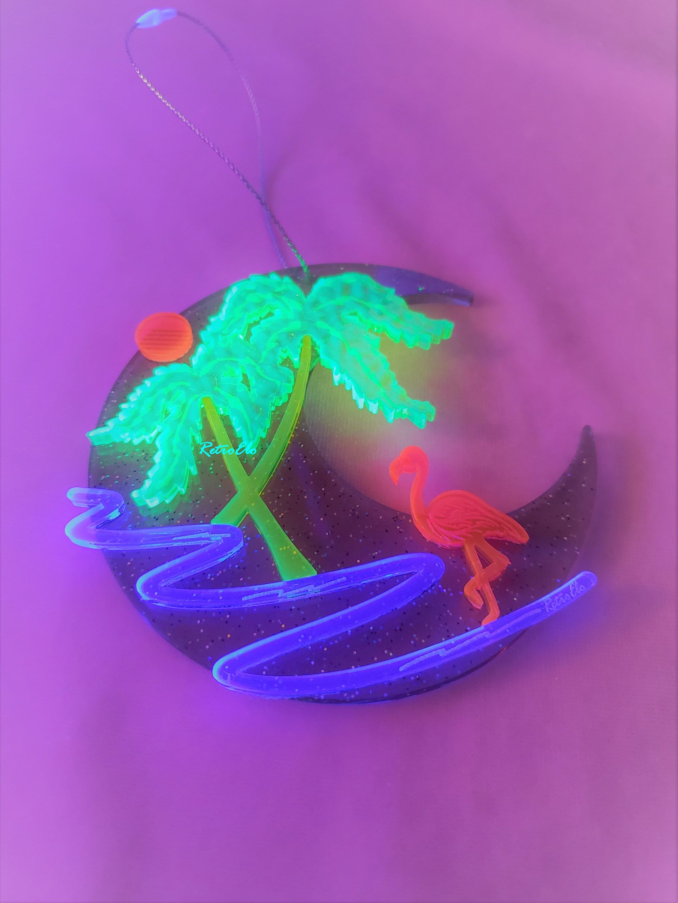 Mini Blacklight Wall Art-1980s Los Angeles | Vaporwave Crescent Moon | Retro Ornaments