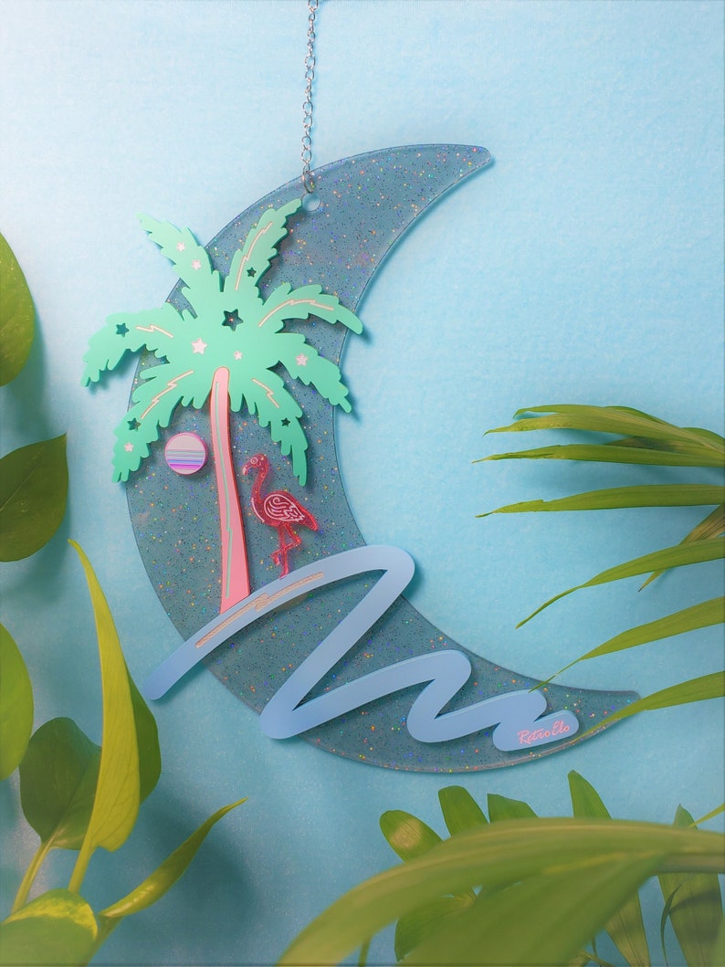 Flamingo MoonWave-Made To Order-Crescent Moon Acrylic Art Wall Hanging Beach Art Pastel Wall Art Tropical image 1