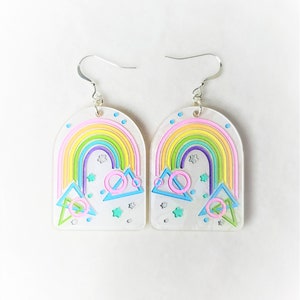 80s Geometric Rainbow Earrings, vaporwave, synthwave, new retro, new wave, pastel White with silver