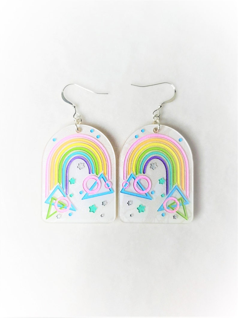 80s Geometric Rainbow Earrings, vaporwave, synthwave, new retro, new wave, pastel White with silver