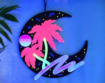 Blacklight Crescent Moon Acrylic Wall Art | Vaporwave Retro Decor