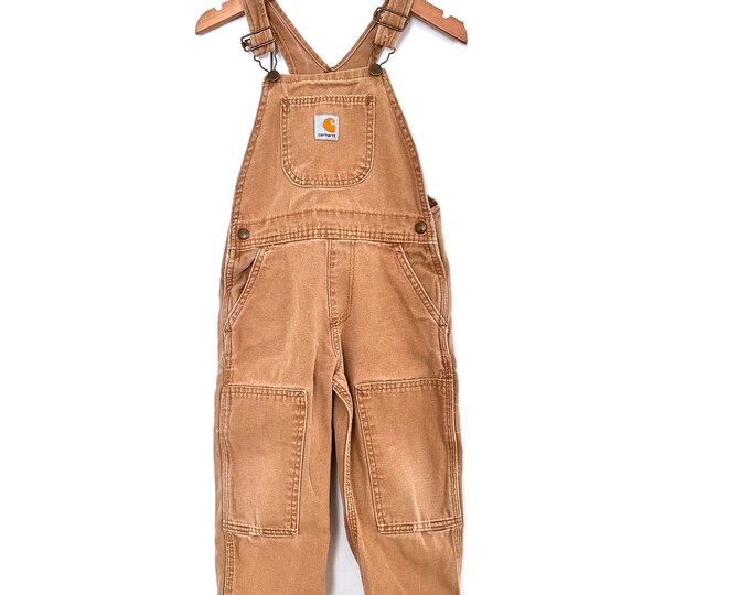 Carhartt overalls, Faded beige canvas cotton Carhartt overalls, work canvas cotton utility kids dungarees, Size 4Y