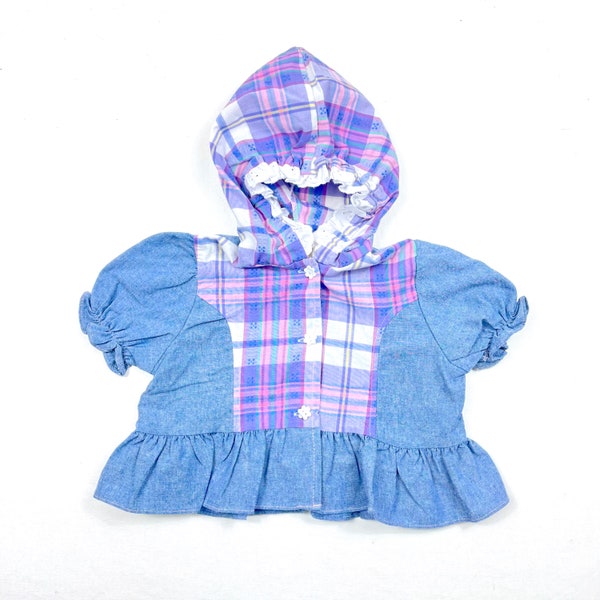80's chambray plaid peplum top, Vintage girls light cotton chambray hooded buttons down shirt, Girls plaid hooded top, Size 12M