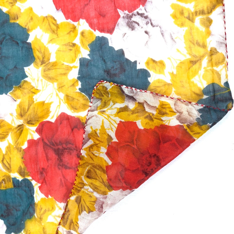 square Handkerchief Vintage floral handkerchief hand sewn hem fall florals hankie