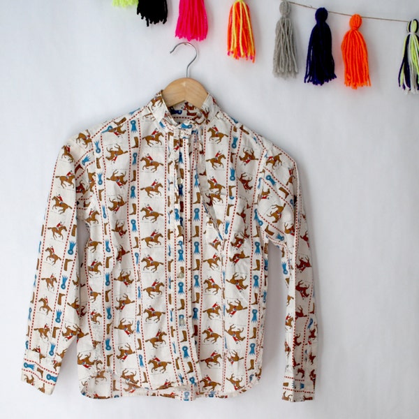 Vintage kids Equestrian theme shirt, horse print button down, vintage kids shirt, Size 10 RK-294E